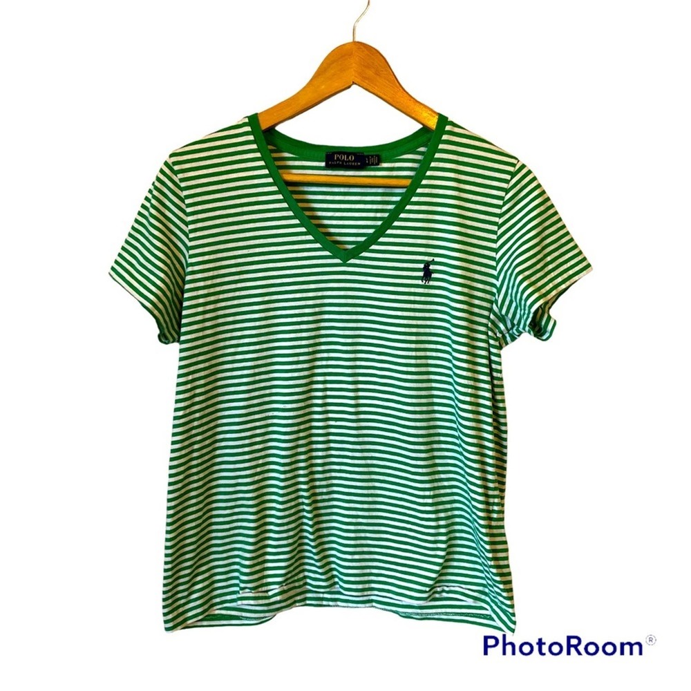 Polo Ralph Lauren Green and White Striped Short Sleeve Embroidered Tee Shirt L